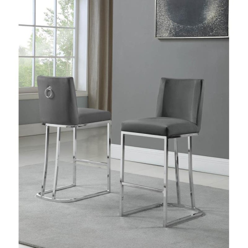 Velvet Counter Height Chairs in Dark Gray Velvet and Silver Chrome