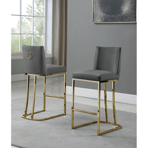 Velvet Counter Height Chairs in Dark Gray Velvet and Gold Chrome
