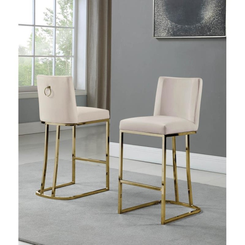 Velvet Counter Height Chairs in Beige Cream Velvet and Gold Chrome