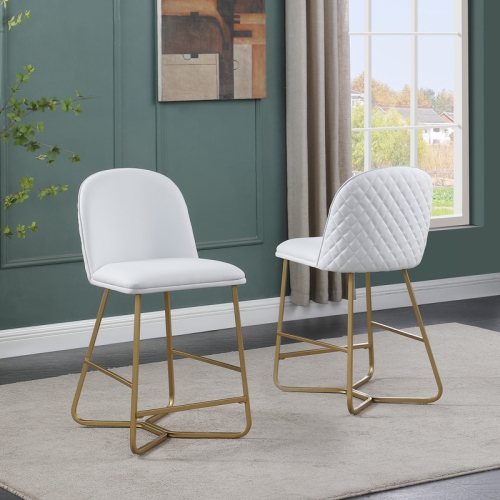 Quilted Back Counterheight Chairs 24" Set of 2 in White Faux Leather and Gold