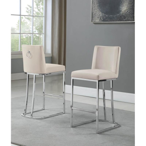 Velvet Counter Height Chairs in Beige Cream Velvet and Silver Chrome