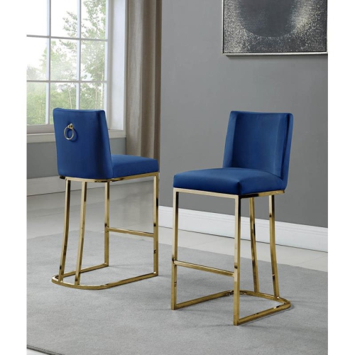 Velvet Counter Height Chairs in Navy Blue Velvet and Gold Chrome