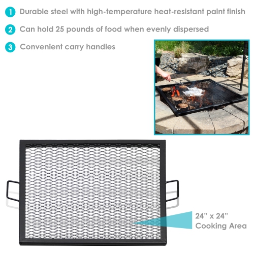 Sunnydaze 24 in Square Steel X-Marks Fire Pit Cooking Grill with Handles