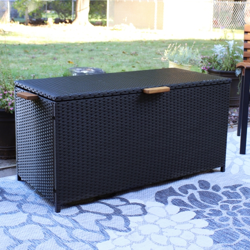 Sunnydaze Resin Wicker Indoor/Outdoor Storage Deck Box with Handles - Black