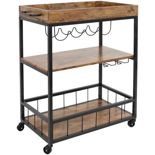 SUNNYDAZE DECOR  Sunnydaze 3-Tier Industrial Rolling Bar Cart With Wine Rack - 35 In
