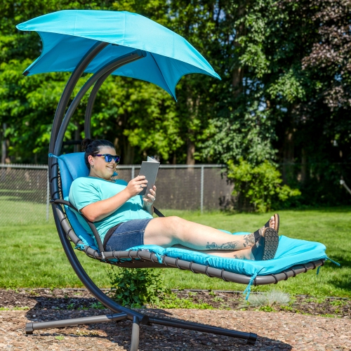 Sunnydaze Floating Lounge Chair with Umbrella and Curved Steel Stand