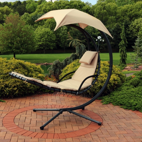Sunnydaze Floating Lounge with Umbrella and Stand - Set of 2 - Beige