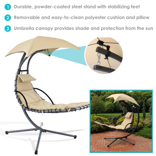 Sunnydaze Floating Lounge with Umbrella and Stand - Set of 2 - Beige