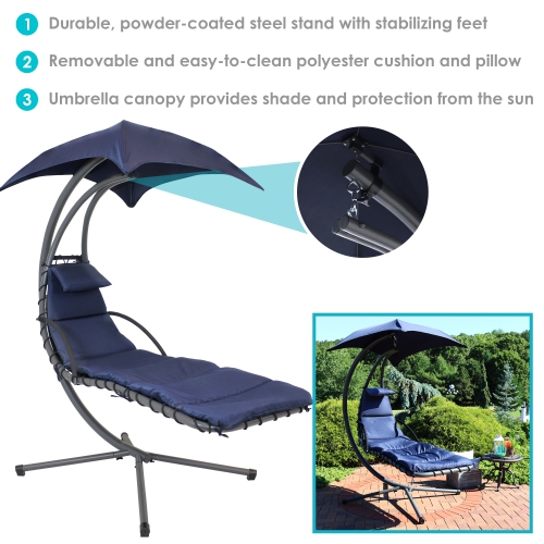 Sunnydaze Floating Lounge Chair with Umbrella and Curved Steel Stand - Navy