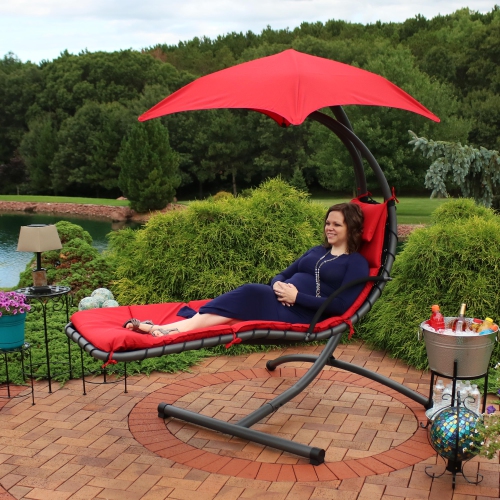 Sunnydaze Floating Chaise Lounge Chair with Canopy and Arc Stand - Red
