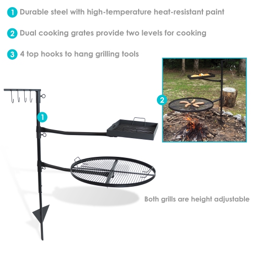 Sunnydaze Steel Fire Pit Cooking Grill Swivel Set with Stand/Ground Stake