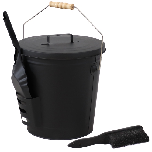 Sunnydaze Powder-Coated Steel Fireplace Ash Bucket with Lid, Shovel, Brush