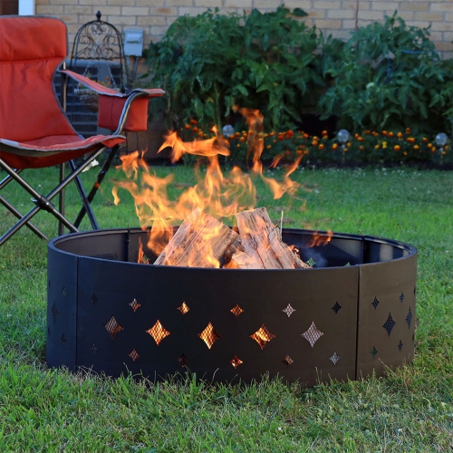 Sunnydaze 36 in Diamond Cut-Out Steel Wood Burning Fire Pit Ring with Poker