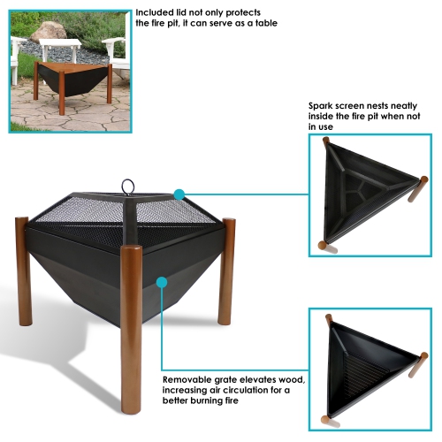 Sunnydaze 31 in Triangle Steel Fire Pit Table with Grate, Poker, and Screen