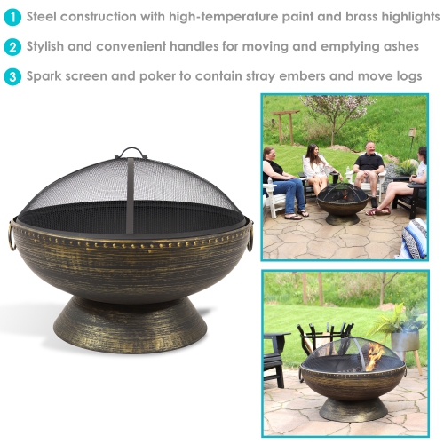 Sunnydaze 30 in Steel Fire Pit with Handles, Spark Screen, Poker, and Grate