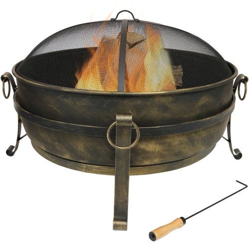 SUNNYDAZE DECOR  Sunnydaze 34 In Cauldron Steel Fire Pit With Spark Screen, Poker, And Grate Great features