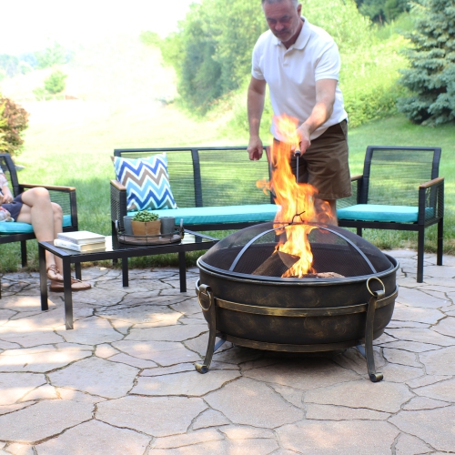 Sunnydaze 34 in Cauldron Steel Fire Pit with Spark Screen, Poker, and Grate