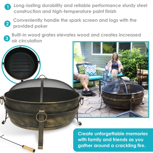 Sunnydaze 34 in Cauldron Steel Fire Pit with Spark Screen, Poker, and Grate