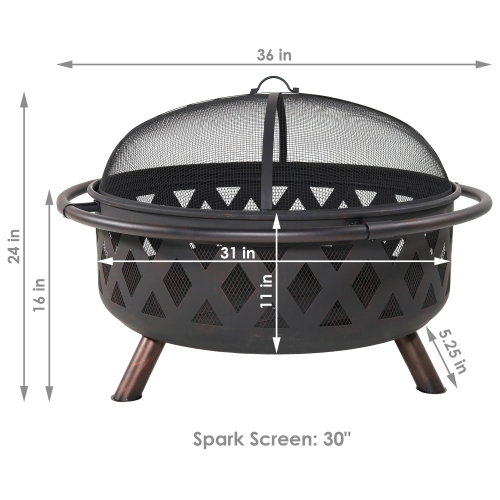 Sunnydaze 36 in Crossweave Steel Fire Pit with Screen, Poker, and Cover