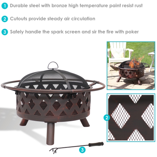 Sunnydaze 30 in Crossweave Steel Fire Pit with Screen and Poker