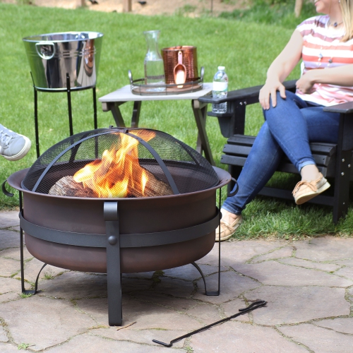Sunnydaze 29 in Cauldron Style Steel Fire Pit with Spark Screen - Bronze