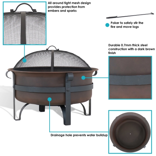 Sunnydaze 29 in Cauldron Style Steel Fire Pit with Spark Screen - Bronze