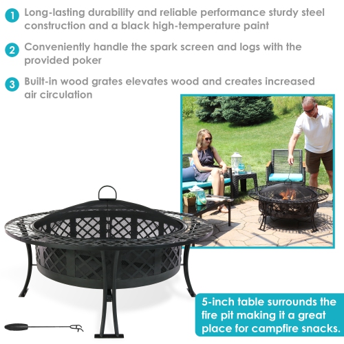 Sunnydaze 40 in Diamond Weave Steel Fire Pit with Spark Screen and Poker