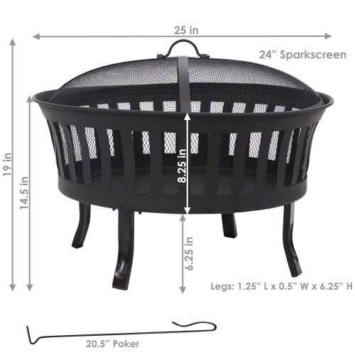 Sunnydaze 25 in Mesh Stripe Steel Fire Pit with Spark Screen and Poker