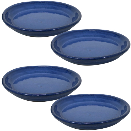 Sunnydaze 9 in Glazed Ceramic Flower Pot/Plant Saucer - Blue - Set of 4