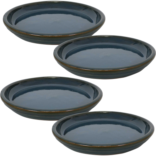 Sunnydaze 12 in Ceramic Flower Pot/Plant Saucer - Dark Green - Set of 4