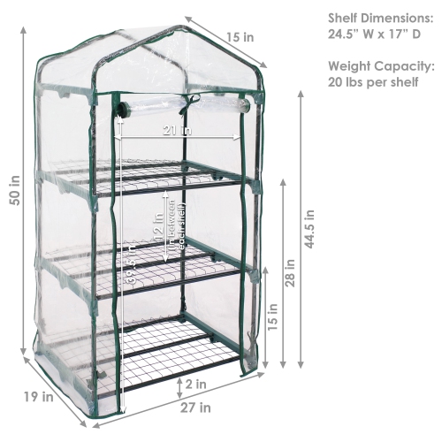 Sunnydaze Steel PVC Cover Mini Greenhouse with 3 Shelves/Zipper - Clear