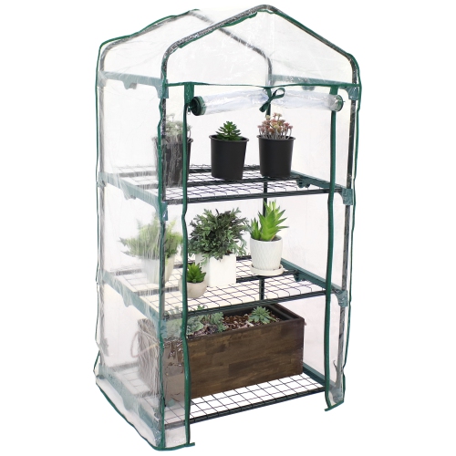 Sunnydaze Steel PVC Cover Mini Greenhouse with 3 Shelves/Zipper - Clear