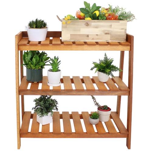 Sunnydaze 3-Tier Meranti Wood Plant Stand with Teak Oil Finish - 36 in