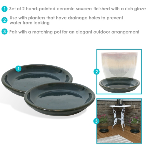 Pot à fleurs en céramique/soucoupe pour plante de Sunnydaze 7 po - Vert foncé - Ensemble de 2