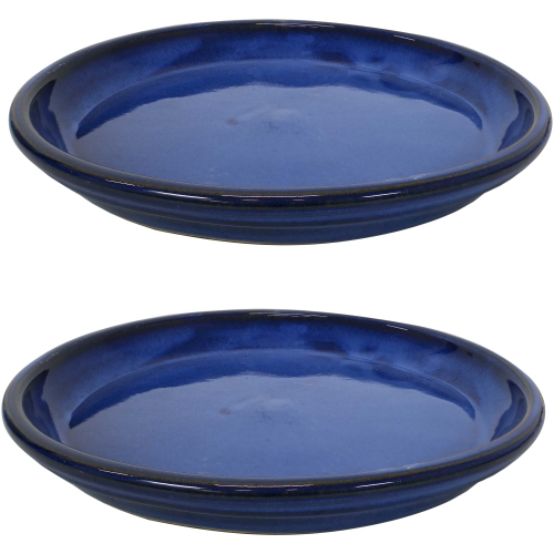 SUNNYDAZE DECOR  Sunnydaze 12 In Glazed Ceramic Flower Pot/plant Saucer - - Set Of 2 In Blue
