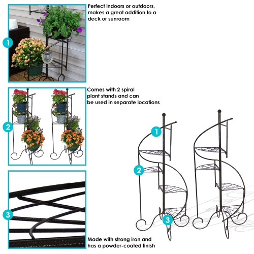 Sunnydaze Black Iron 4-Tier Spiral Staircase Plant Stand - 56 in - Set of 2