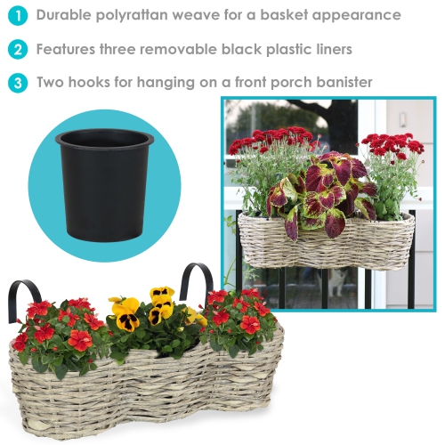 Sunnydaze Polyrattan Hanging Over-the-Rail Tri-Planter and Liner - Frost