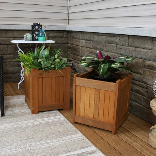 Sunnydaze Meranti Wood Decorative Square Planter Box - 16 in - Set of 2