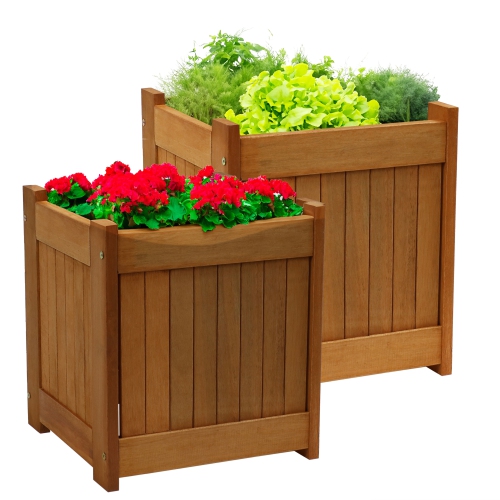 Sunnydaze Meranti Wood Decorative Square Planter Box - 16 in - Set of 2