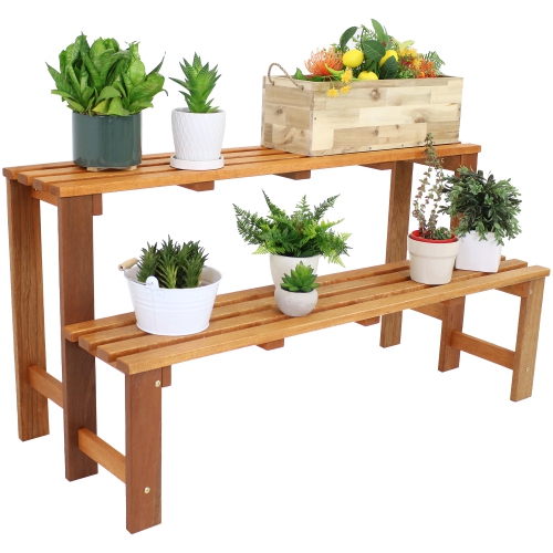 Sunnydaze 2-Tier Meranti Wood Plant Stand with Teak Oil Finish - 24 in
