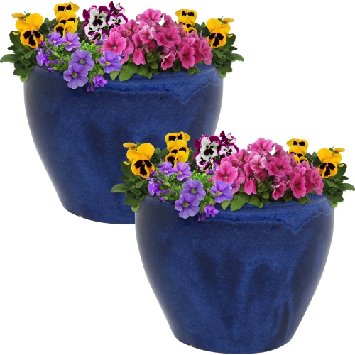 Sunnydaze 12 in Chalet Glazed Ceramic Planter - Imperial Blue - Set of 2