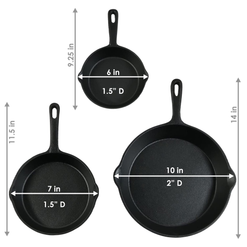 Sunnydaze 3-Piece Cast Iron Pre-Seasoned Skillet Set with 3 Pans