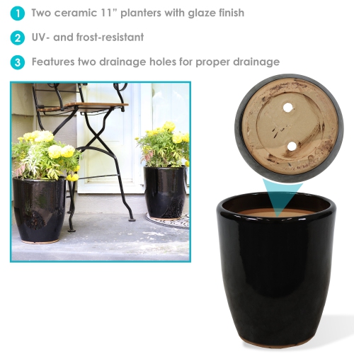 Sunnydaze Captivating Vista Ceramic Planter - 11.5" - Obsidian - Set of 2