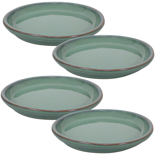 Sunnydaze 12 in Glazed Ceramic Flower Pot/Plant Saucer - Seafoam - Set of 4