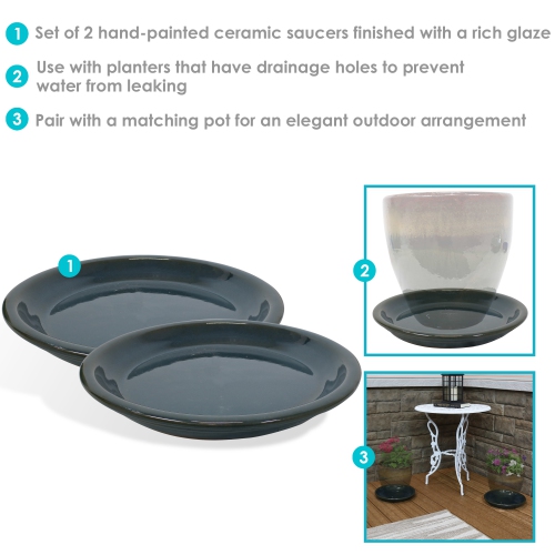 Sunnydaze 9 in Ceramic Flower Pot/Plant Saucer - Dark Green - Set of 4