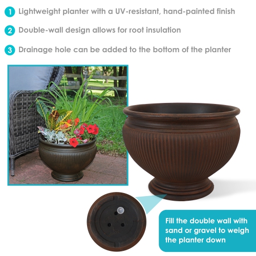 Sunnydaze 16 in Elizabeth Ribbed Urn Polyresin Planter - Rust - Set of 2