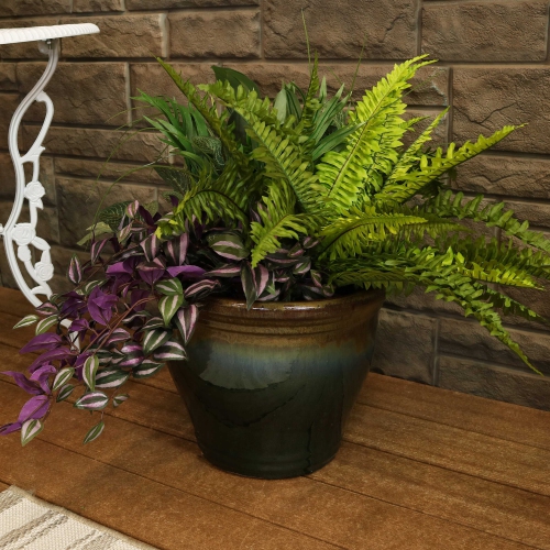 Sunnydaze 15 in Studio High-Fired Glaze Ceramic Planter - Forest Lake Green