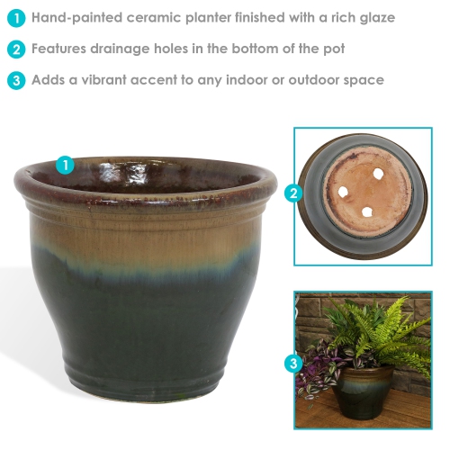 Sunnydaze 15 in Studio High-Fired Glaze Ceramic Planter - Forest Lake Green