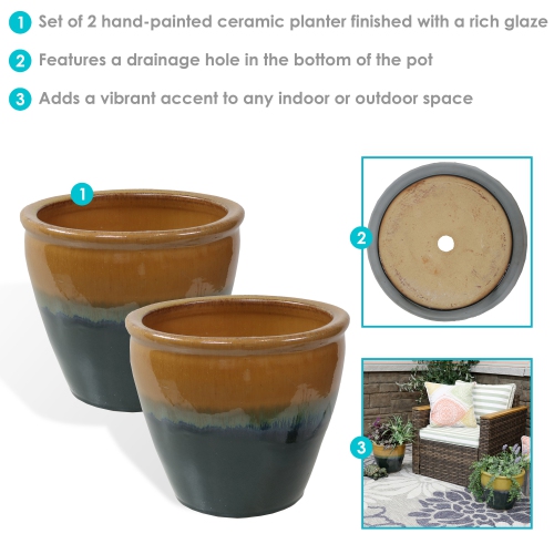 Sunnydaze 12 in Chalet Glaze Ceramic Planter - Forest Lake Green - Set of 2