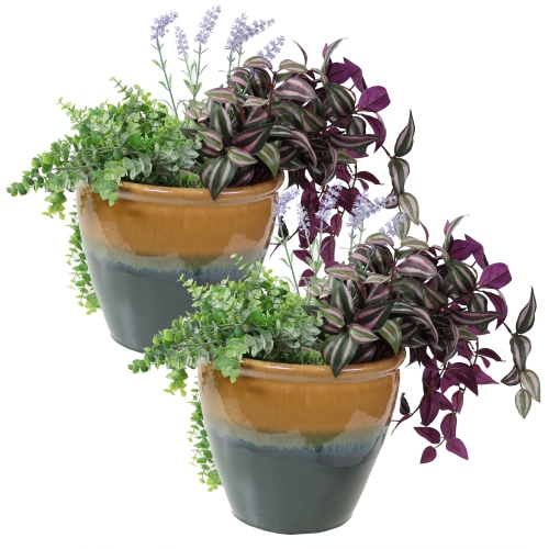 Sunnydaze 12 in Chalet Glaze Ceramic Planter - Forest Lake Green - Set of 2
